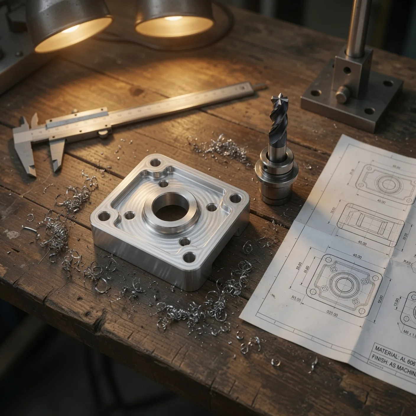 Gefrästes Aluminiumteil neben Fräser und technischer Zeichnung