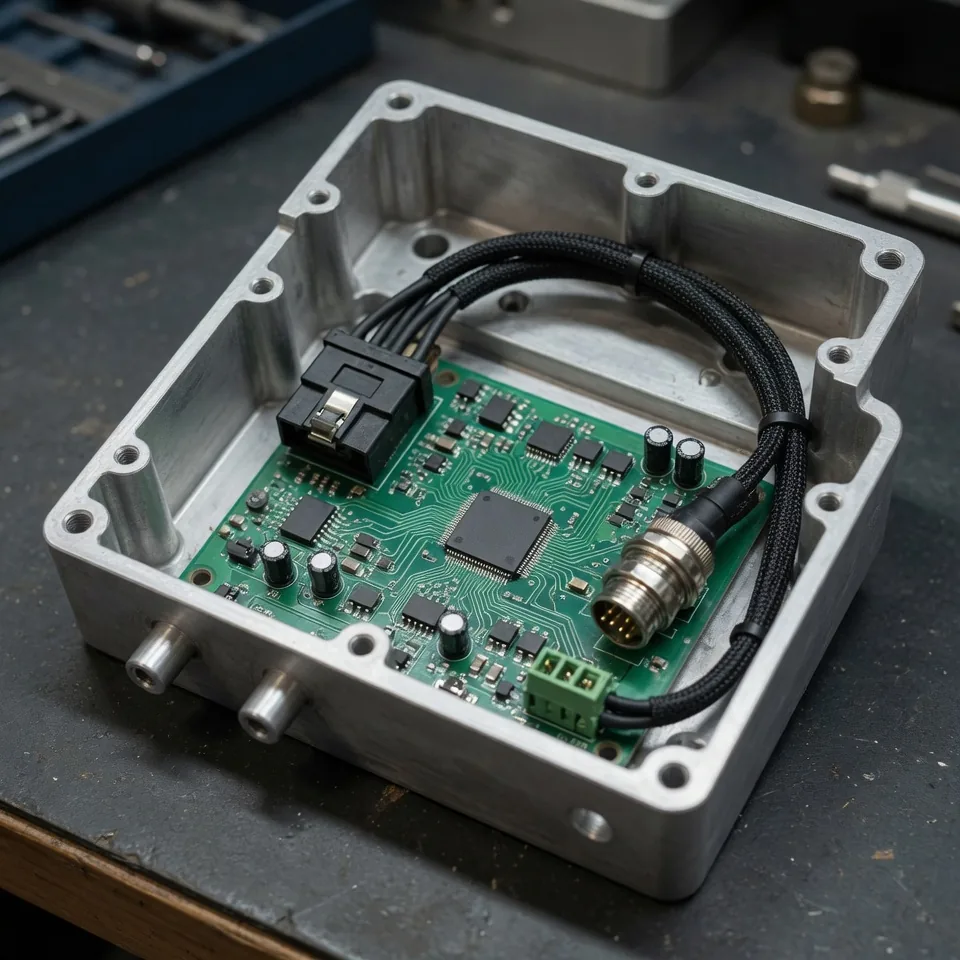 Aluminiumgehäuse mit eingebauter Platine und Kabelbaum – Mechanik trifft Elektronik