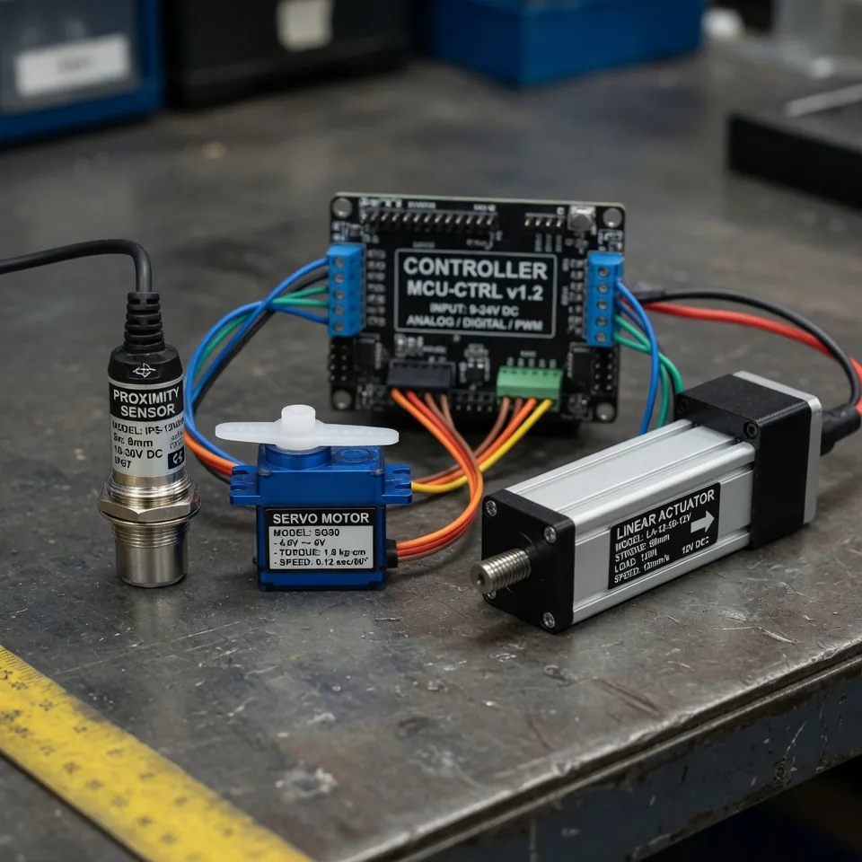 Testaufbau mit Sensoren, Servomotor und Aktoren an einer Controller-Platine