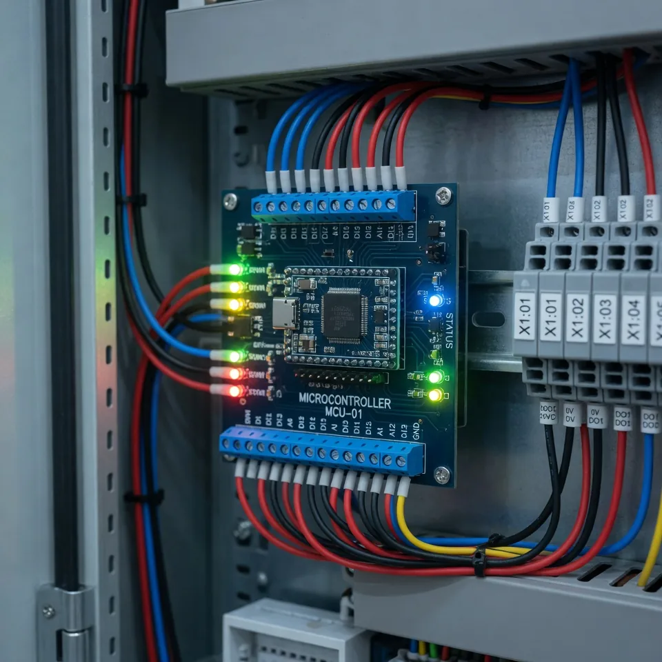 Steuerungsplatine mit Mikrocontroller und sauberer Verkabelung